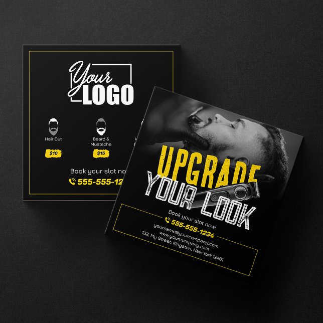 Cartão De Visita Quadrado Bold e Moderno Barber Compro Cabelo Estilhador (Criador carregado)