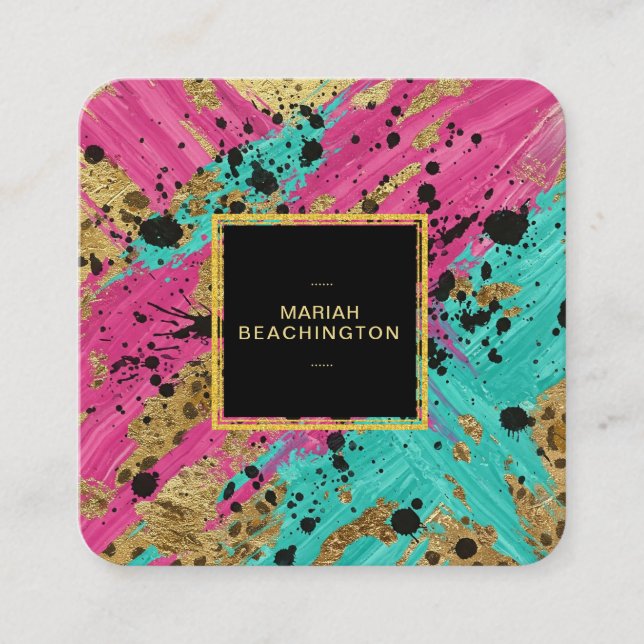 Cartão De Visita Quadrado ** Bold Leopard Abstrato Animal Neon Dourado AP93 (Frente)