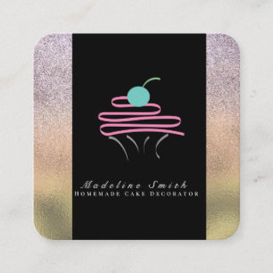 Cartão De Visita Quadrado Bolo de Cupcake e Ondas da Padaria Brilho Dourado