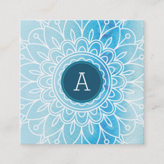 Cartão De Visita Quadrado BONITO MONOGRAM moderna boho mandala padrão aqua (Frente)