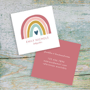 Cartão De Visita Quadrado Bonito Rainbow Pink Marinho Mostarda Boho Babysitt