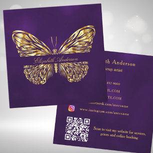 Cartão De Visita Quadrado Borboleta dourado roxo Código QR elegante script