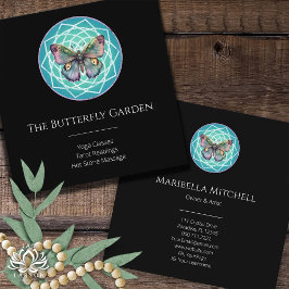 Cartão De Visita Quadrado Borboleta Indíaca Roxa Turquesa Mística Mandala