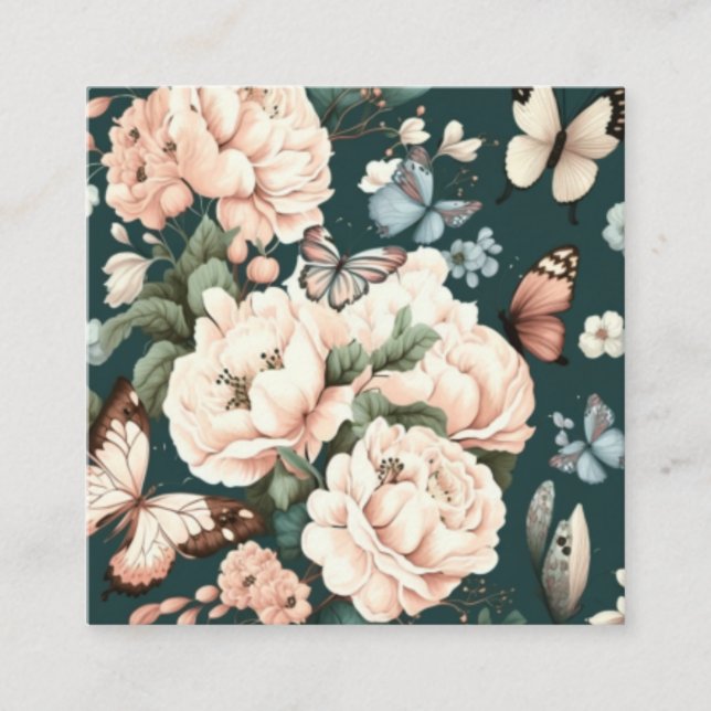 Cartão De Visita Quadrado Borboletas e flores (Frente)