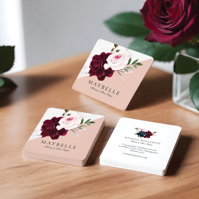 Cartão De Visita Quadrado Borgonha Elegante e Mármore Branco Floral (Elegant Burgundy & White Marble Watercolor Floral Square Business Card)