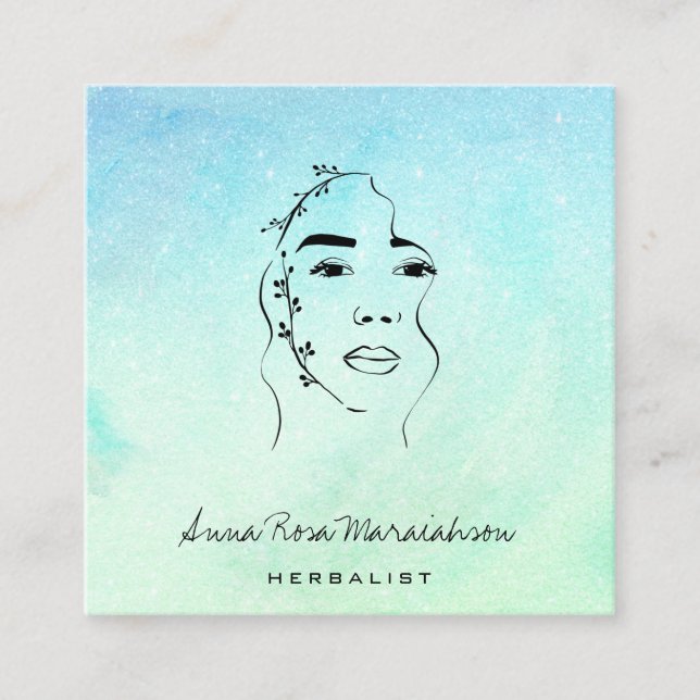 Cartão De Visita Quadrado *~* Botânica - Arte em Linha Verde (Frente)