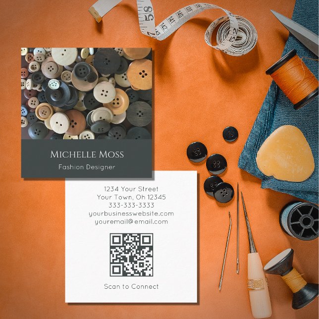 Cartão De Visita Quadrado Botões de costura do Designer de Moda QR (Criador carregado)