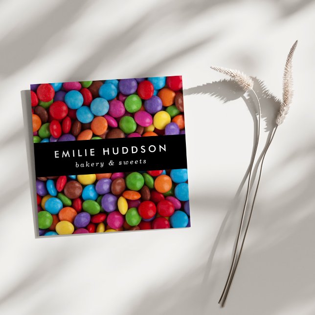 Cartão De Visita Quadrado Botões Doces, Doces, Compro de bolos, Compro de pa (Criador carregado)