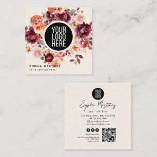 Cartão De Visita Quadrado Bouquet de Aquarela Floral Burgundy & Logotipo Cód