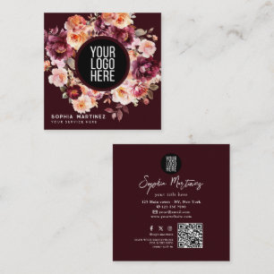 Cartão De Visita Quadrado Bouquet Floral em Aquarela Burgundy & Logotipo Cód