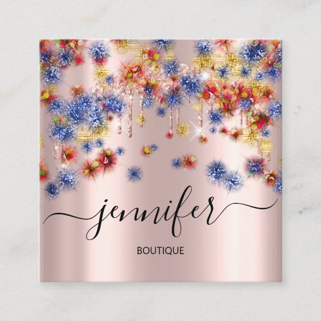 Cartão De Visita Quadrado Boutique Professional Compra Rosa Confetti Glitter (Frente)