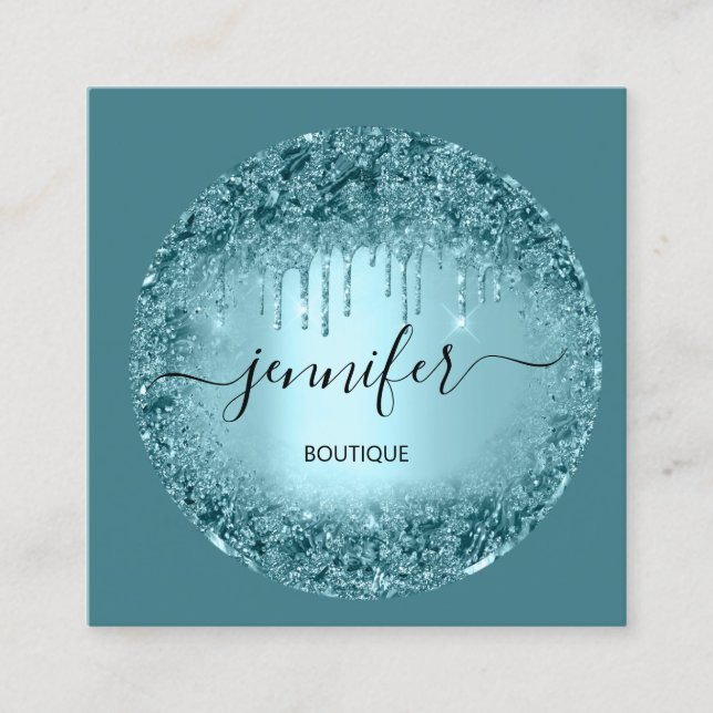 Cartão De Visita Quadrado Boutique profissional Compra Glitter Rosa Teal Azu (Frente)