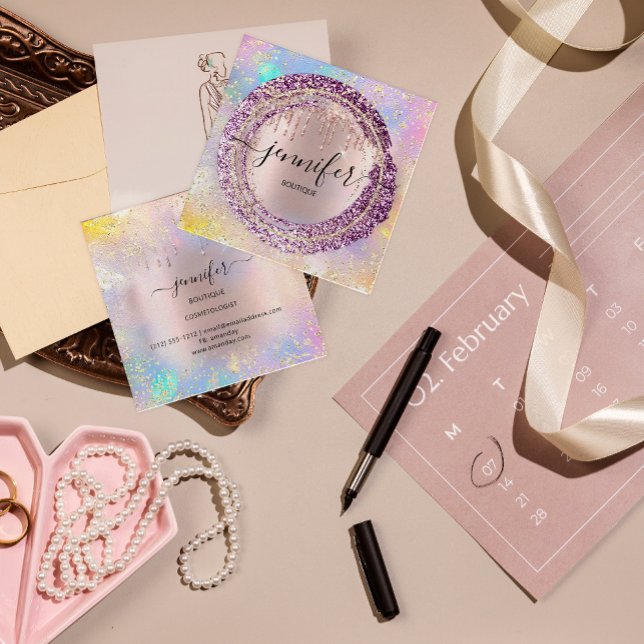 Cartão De Visita Quadrado Boutique profissional - Compro Glitter Berry Holog (Professional Boutique Shop Glitter Berry Holograph Square Business Card)