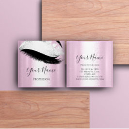 Cartão De Visita Quadrado Boutique Silver. Cinza Lashes Extensão Rosa Girass