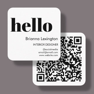 Cartão De Visita Quadrado Branca | QR Code Social Media Hello