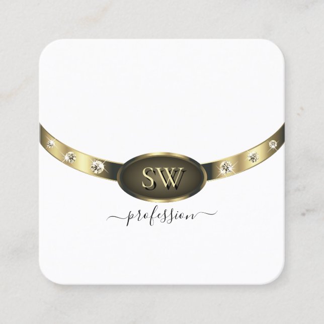 Cartão De Visita Quadrado Branco muito elegante e Dourado com diamantes mono (Frente)