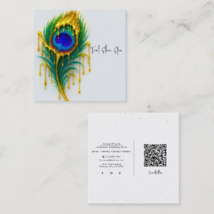 Cartão De Visita Quadrado Brilho Dourado Gotejante Beleza Glam Pena de Pavão