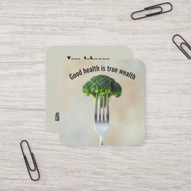 Cartão De Visita Quadrado Broccoli Floret On a Fork With Quote (Frente/Verso In Situ)