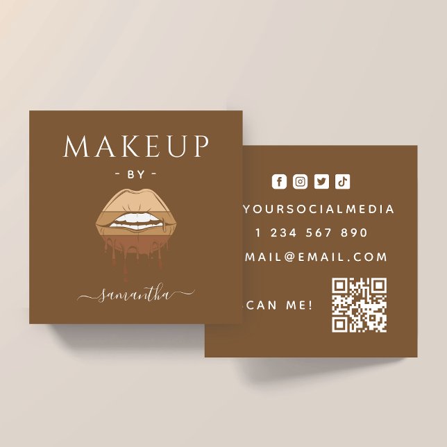 Cartão De Visita Quadrado Brown Lips Makeup Artist QR  (Criador carregado)