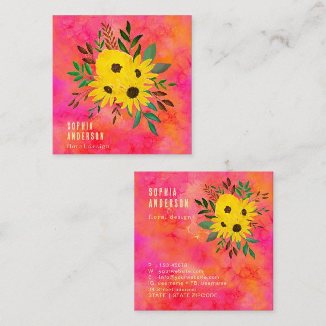 Cartão De Visita Quadrado Buquê Floral de Girassol - Arte de Aquarela Rosa (Frente/Verso)