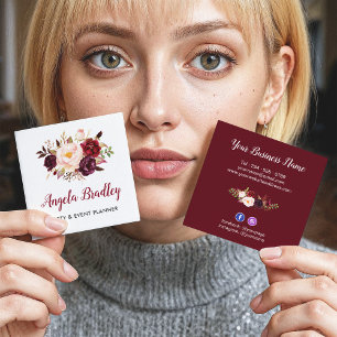 Cartão De Visita Quadrado Burgundy Red Pink Floral Russo Chic Pessoal