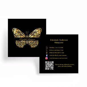 Cartão De Visita Quadrado Butterfly black gold code QR code elegante script