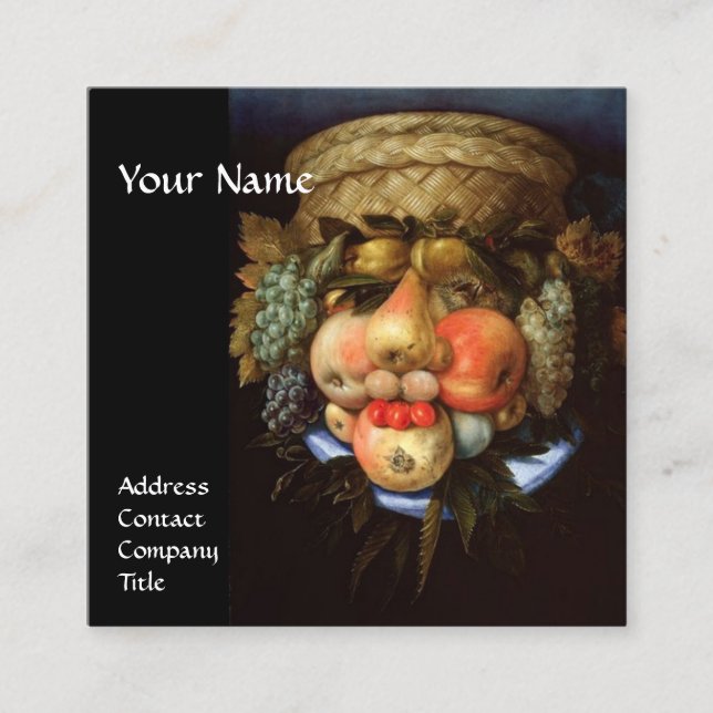 Cartão De Visita Quadrado Cabeça reversível com cesto de Frutas e Uvas (Frente)