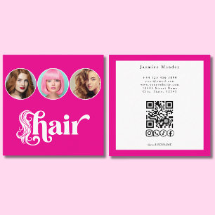 Cartão De Visita Quadrado Cabeleireiro Código QR de Foto 3 Branco Rosa Quent