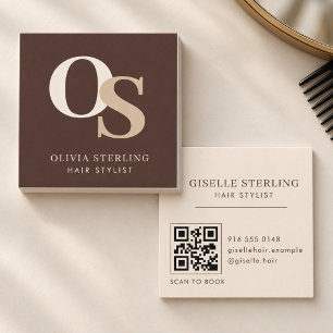 Cartão De Visita Quadrado Cabeleireiro Código QR Monograma Marrom Creme