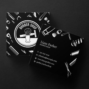Cartão De Visita Quadrado Cabeleireiro de Barbearia Preto e Branco Minimalis
