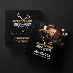 Cartão De Visita Quadrado Cabeleireiro Elegante Preto Barbearia Profissional