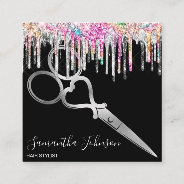 Cartão De Visita Quadrado Cabeleireiro holográfico da Prata Moderna (Frente)