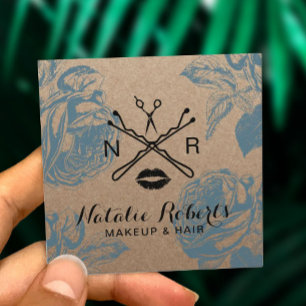 Cartão De Visita Quadrado Cabeleireiro Kraft rústico floral do maquilhador