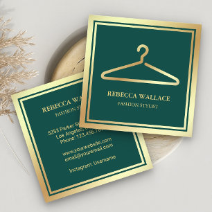 Cartão De Visita Quadrado Cabide de Roupas Fashion Stylist Ouro Verde