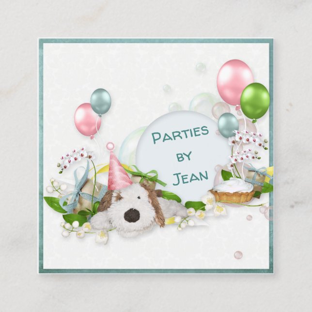 Cartão De Visita Quadrado Cachorro De Festa Com Balões (Frente)