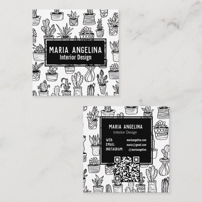 Cartão De Visita Quadrado Cactus Cute Suculenta Boho Doodle Código QR PERSON (Frente/Verso)