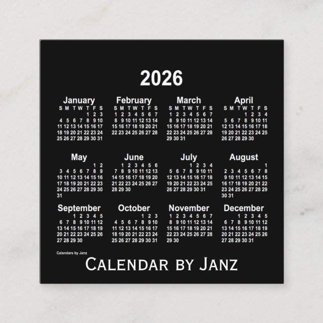Cartão De Visita Quadrado Calendário Branco Neon 2026 de Janz (Frente)
