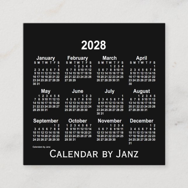 Cartão De Visita Quadrado Calendário Branco Neon 2028, de Janz (Frente)
