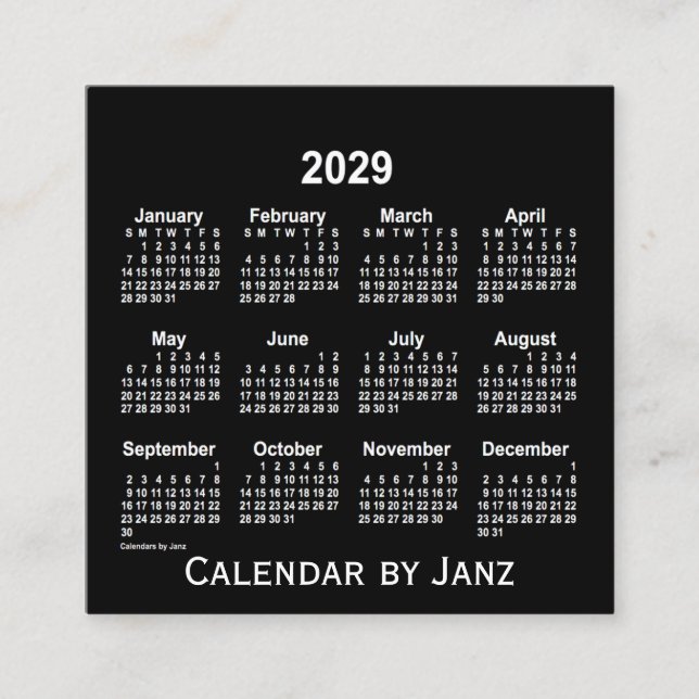 Cartão De Visita Quadrado Calendário Branco Neon 2029 de Janz (Frente)
