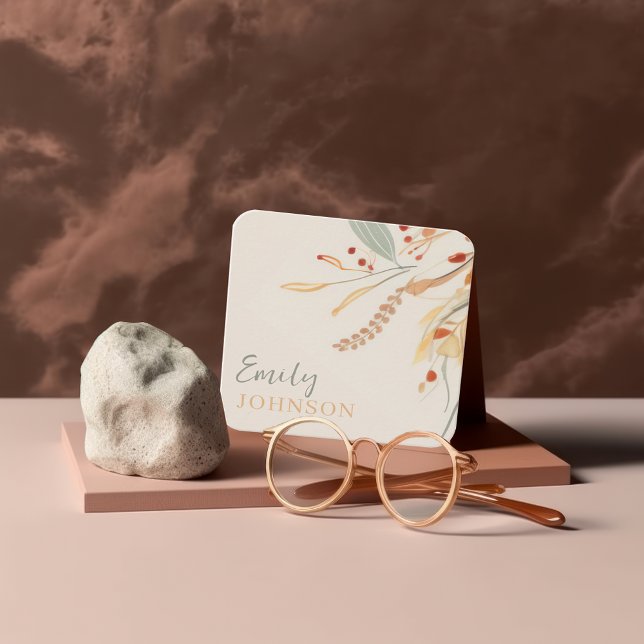 Cartão De Visita Quadrado Caligrafia Botânica Elegante Simples (Criador carregado)