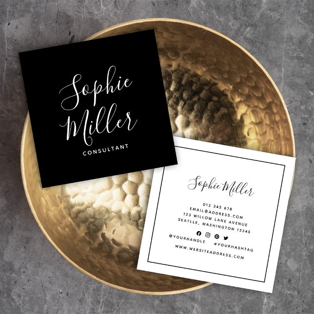 Cartão De Visita Quadrado Caligrafia na fronteira negra Script de Mídia Soci (Criador carregado)