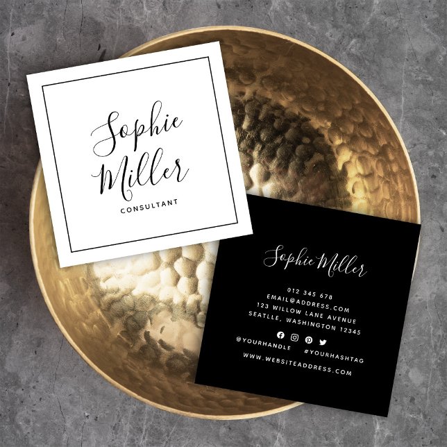 Cartão De Visita Quadrado Caligrafia na fronteira negra Script de Mídia Soci (Criador carregado)