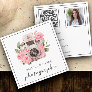 Cartão De Visita Quadrado Câmera Floral Rosa Foto Código QR Fotógrafo