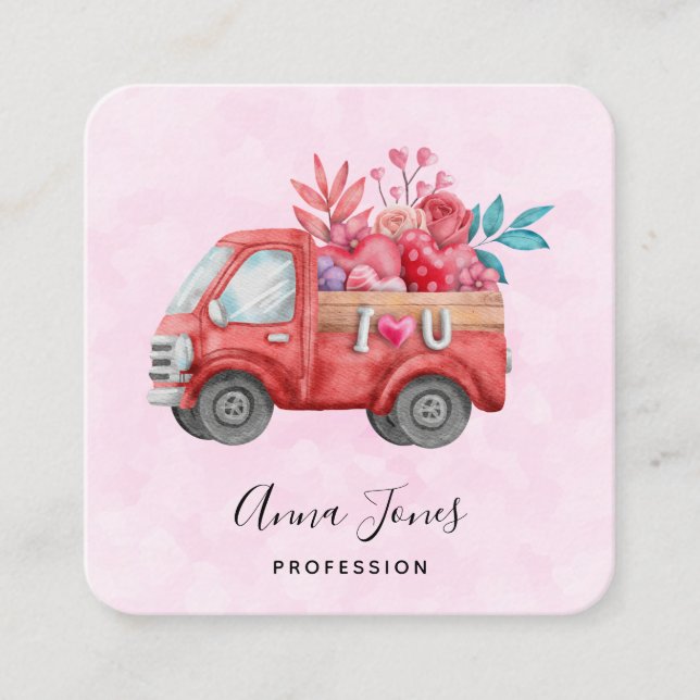Cartão De Visita Quadrado Caminhão de Amor Bonito com Aquarela Cardíaca (Frente)