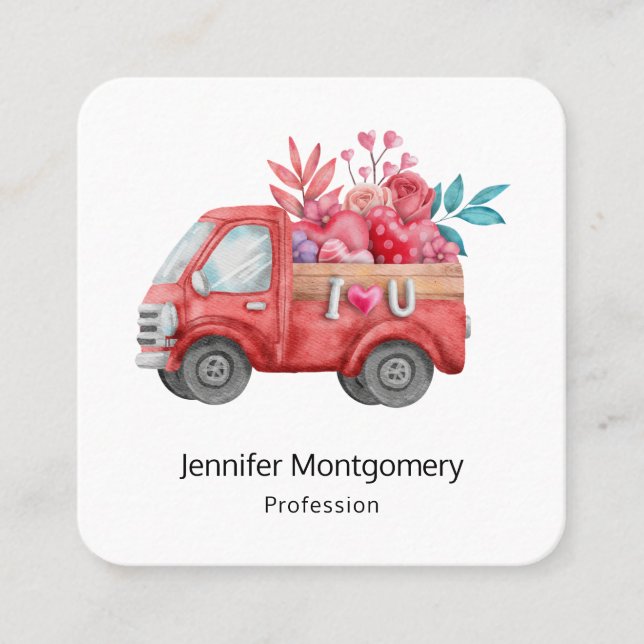 Cartão De Visita Quadrado Caminhão de Amor Bonito com Aquarela Cardíaca (Frente)