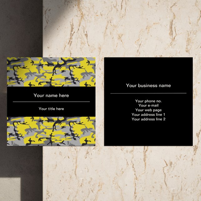 Cartão De Visita Quadrado Camuflagem Amarela e Cinza, Militar, Exército (Criador carregado)