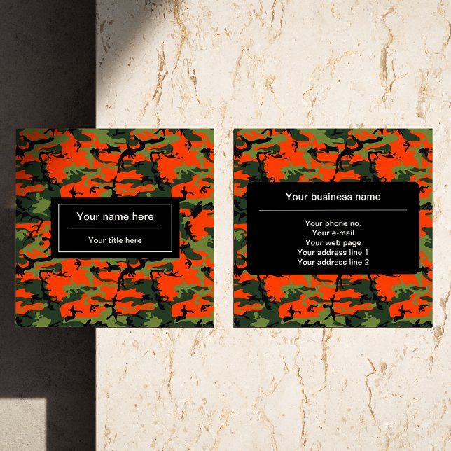 Cartão De Visita Quadrado Camuflagem Verde Laranja, Militar, Exército (Criador carregado)