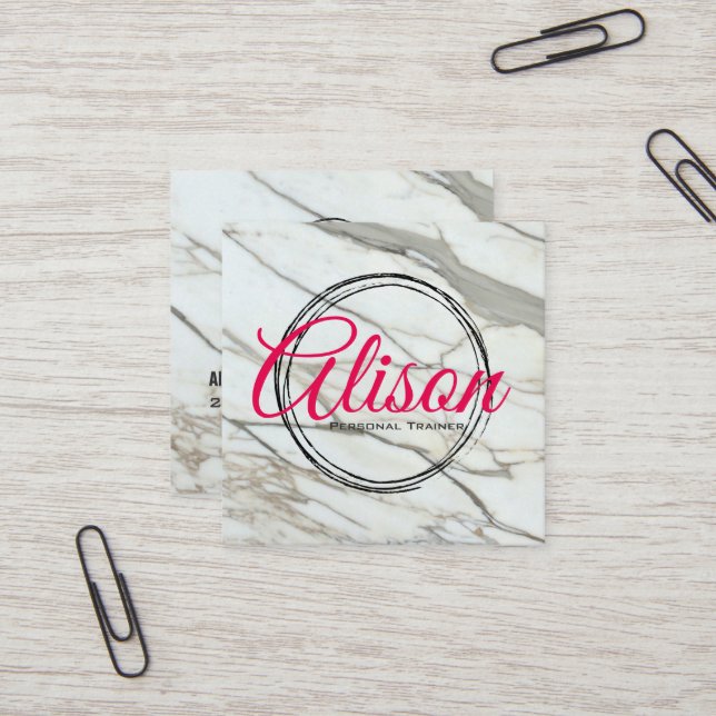 Cartão De Visita Quadrado Cartas de caligrafia rosa branco mármore. (Frente/Verso In Situ)