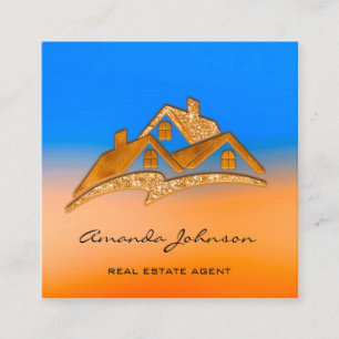Cartão De Visita Quadrado Casa de logotipo Agente imobiliário Casa azul lar