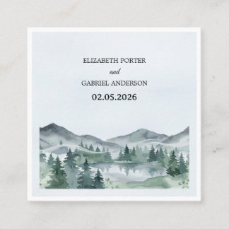 Cartão De Visita Quadrado Casamento Árvore Rústica Sempre-verde Aquarela Mon